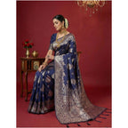 Women's Silk Blend Printed Saree With Unstitched Blouse 5.5Mtr (Navy Blue)