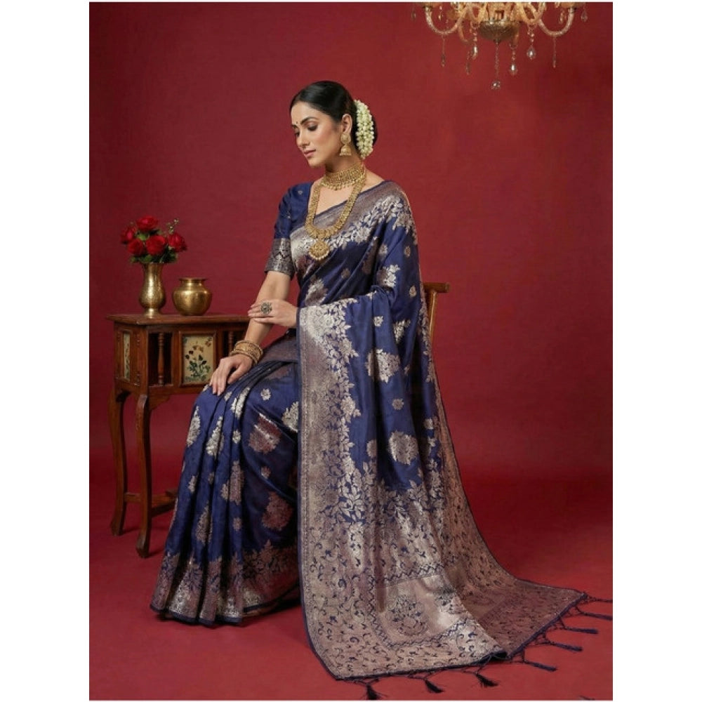 Women's Silk Blend Printed Saree With Unstitched Blouse 5.5Mtr (Navy Blue)