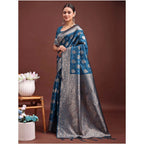 Women's Banarasi Silk Printed Saree With Unstitched Blouse 5.5Mtr (Teal Blue)