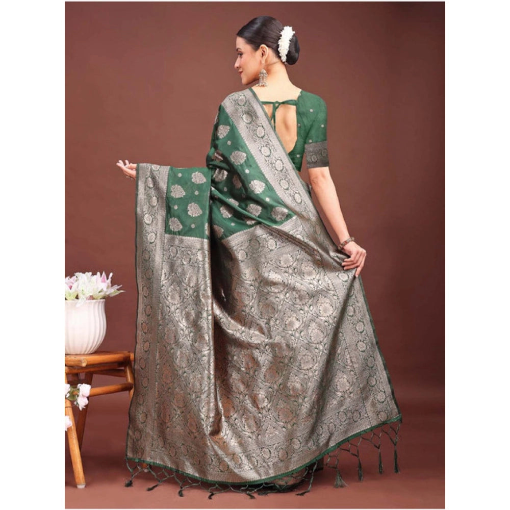 Women's Banarasi Silk Printed Saree With Unstitched Blouse 5.5Mtr (Dark Green)