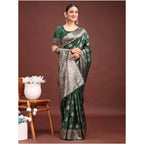 Women's Banarasi Silk Printed Saree With Unstitched Blouse 5.5Mtr (Dark Green)