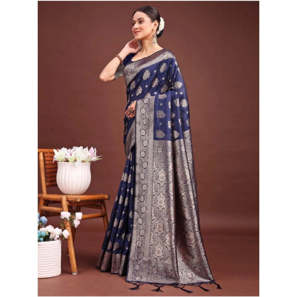 Women's Banarasi Silk Printed Saree With Unstitched Blouse 5.5Mtr (Navy Blue)