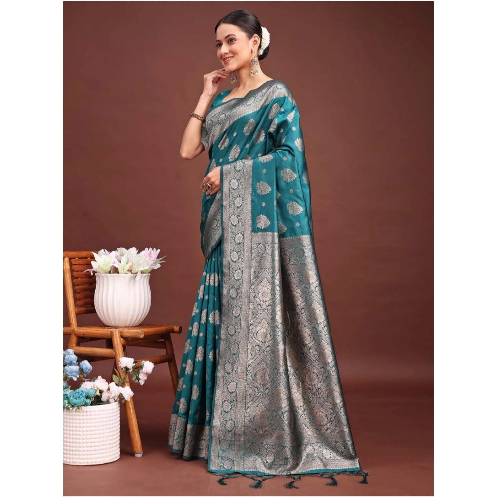 Women's Banarasi Silk Printed Saree With Unstitched Blouse 5.5Mtr (Sea Green)