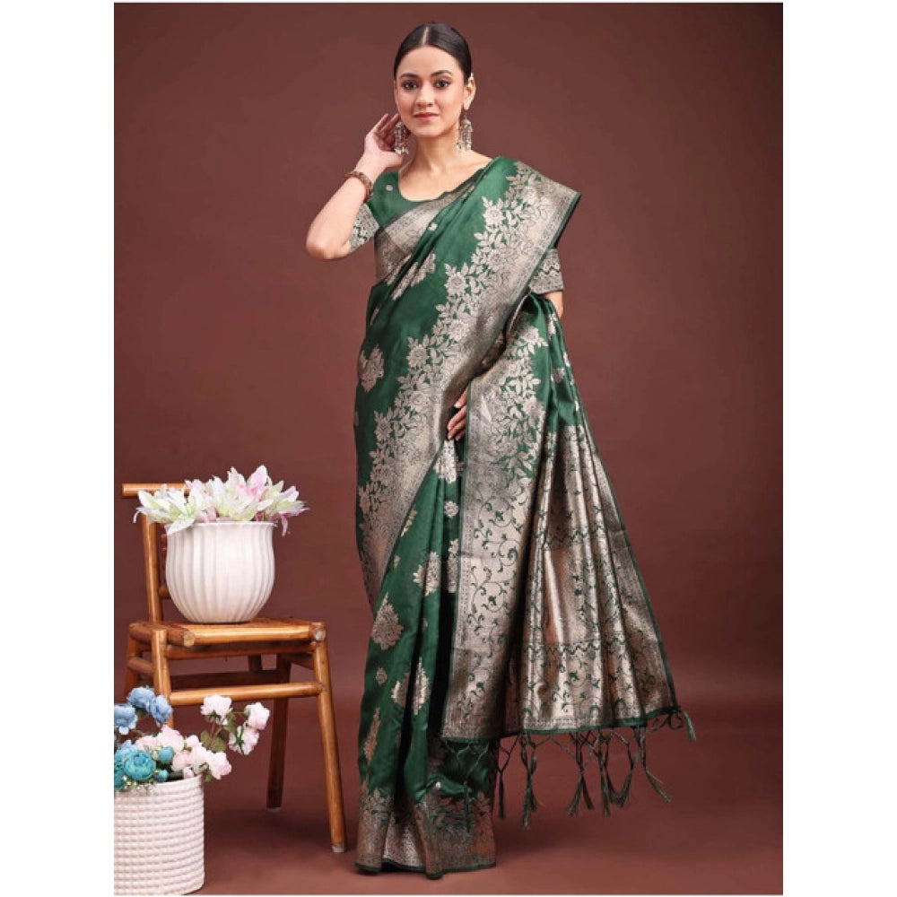 Women's Banarasi Silk Printed Saree With Unstitched Blouse 5.5Mtr (Dark Green)
