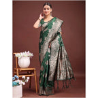 Women's Banarasi Silk Printed Saree With Unstitched Blouse 5.5Mtr (Dark Green)
