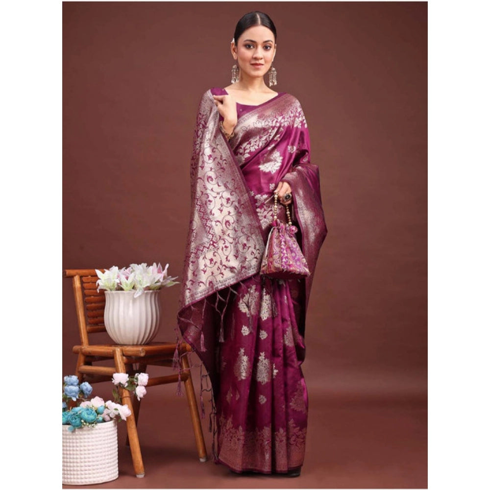 Women's Banarasi Silk Printed Saree With Unstitched Blouse 5.5Mtr (Purple)