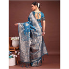 Women's Banarasi Silk Printed Saree With Unstitched Blouse 5.5Mtr (Teal Blue)