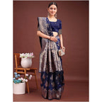 Women's Banarasi Silk Printed Saree With Unstitched Blouse 5.5Mtr (Navy Blue)