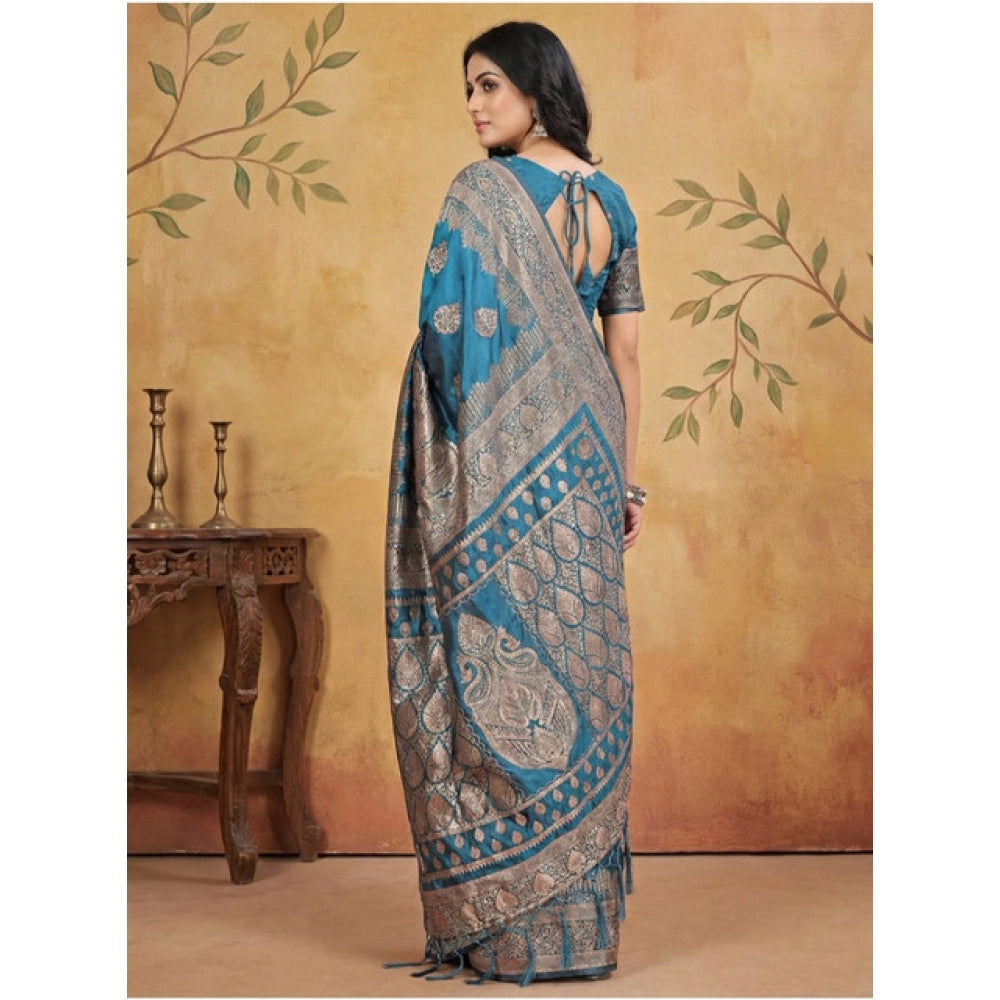 Women's Silk Blend Printed Saree With Unstitched Blouse 5.5Mtr (Teal)