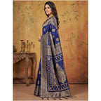 Women's Silk Blend Printed Saree With Unstitched Blouse 5.5Mtr (Navy Blue)