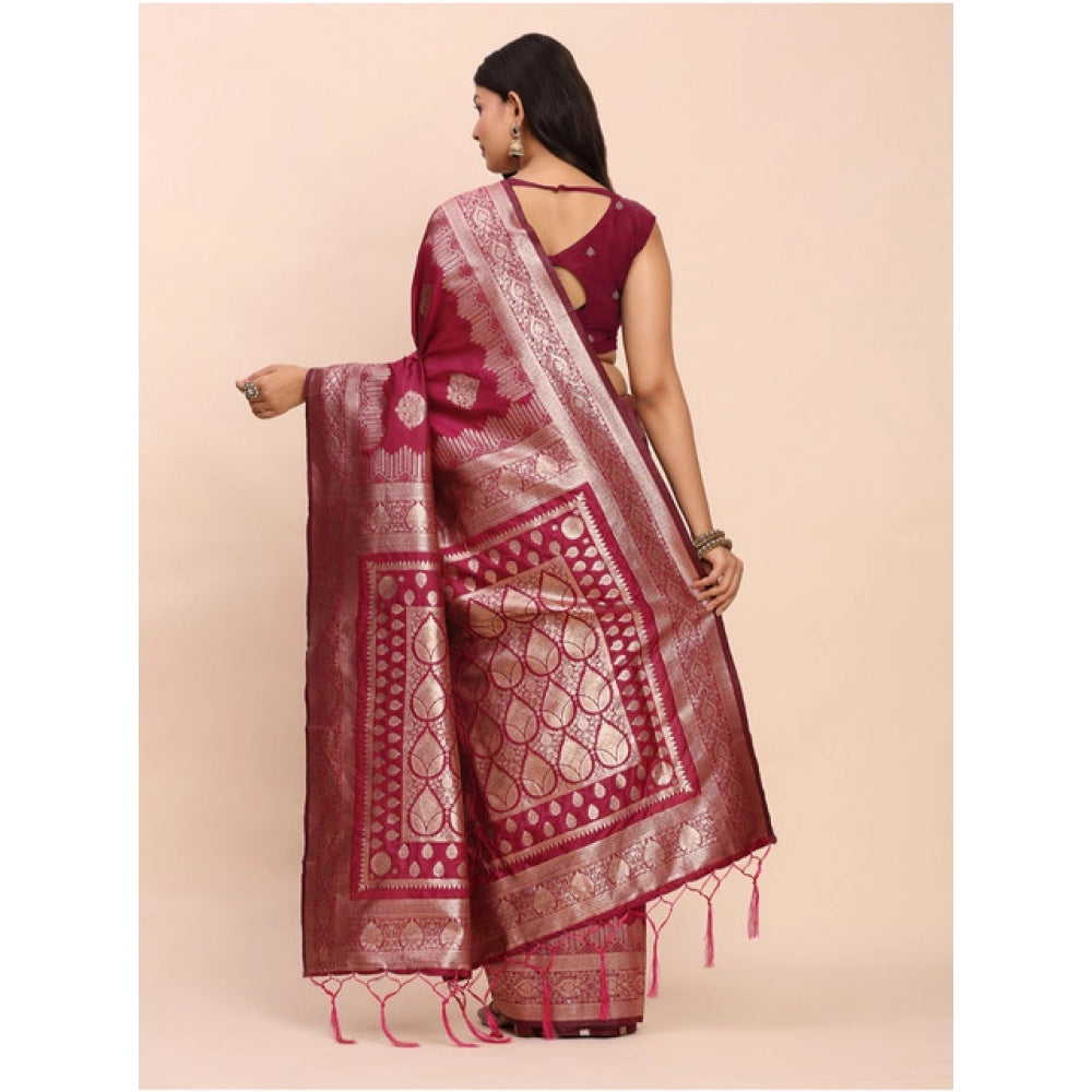 Women's Banarasi Silk Printed Saree With Unstitched Blouse 5.5Mtr (Magenta)
