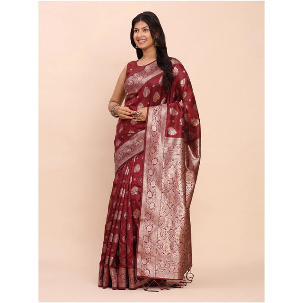 Women's Banarasi Silk Printed Saree With Unstitched Blouse 5.5Mtr (Maroon)