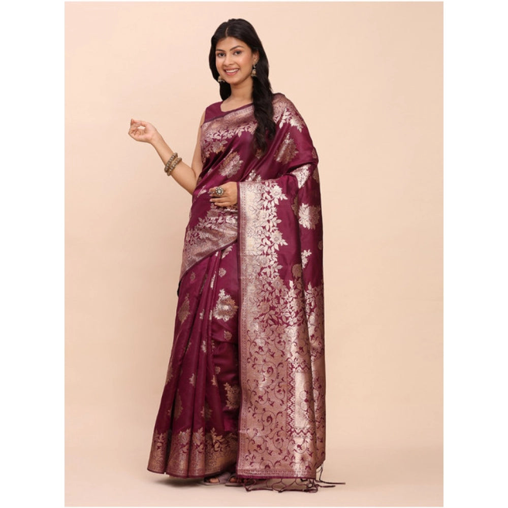 Women's Banarasi Silk Printed Saree With Unstitched Blouse 5.5Mtr (Purple)