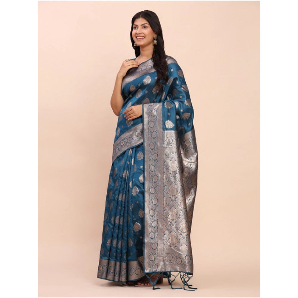 Women's Banarasi Silk Printed Saree With Unstitched Blouse 5.5Mtr (Teal Blue)