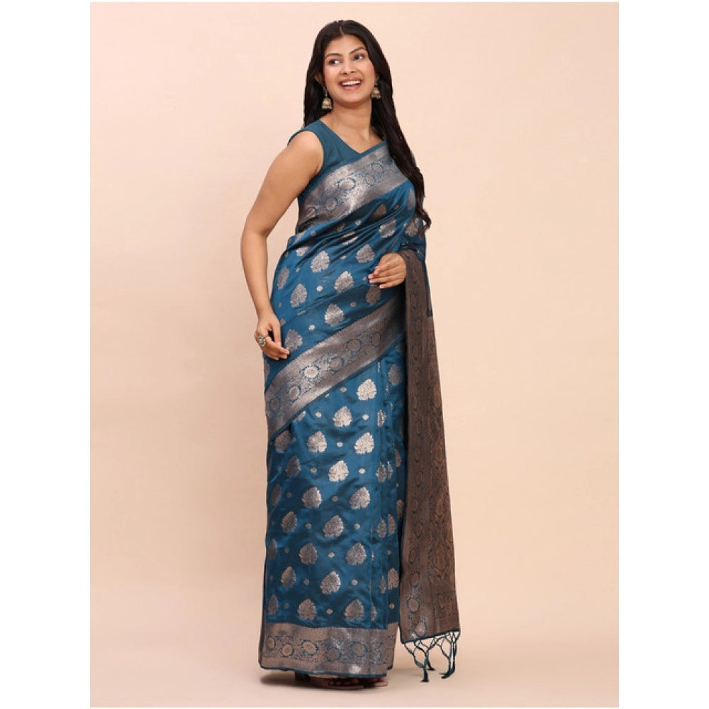 Women's Banarasi Silk Printed Saree With Unstitched Blouse 5.5Mtr (Teal Blue)