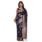 Women's Banarasi Silk Printed Saree With Unstitched Blouse 5.5Mtr (Navy Blue)