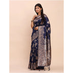 Women's Banarasi Silk Printed Saree With Unstitched Blouse 5.5Mtr (Navy Blue)