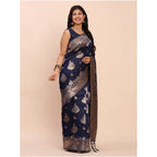 Women's Banarasi Silk Printed Saree With Unstitched Blouse 5.5Mtr (Navy Blue)