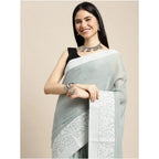 Women's Linen Printed Saree With Unstitched Blouse 5.5Mtr (Sea Green)