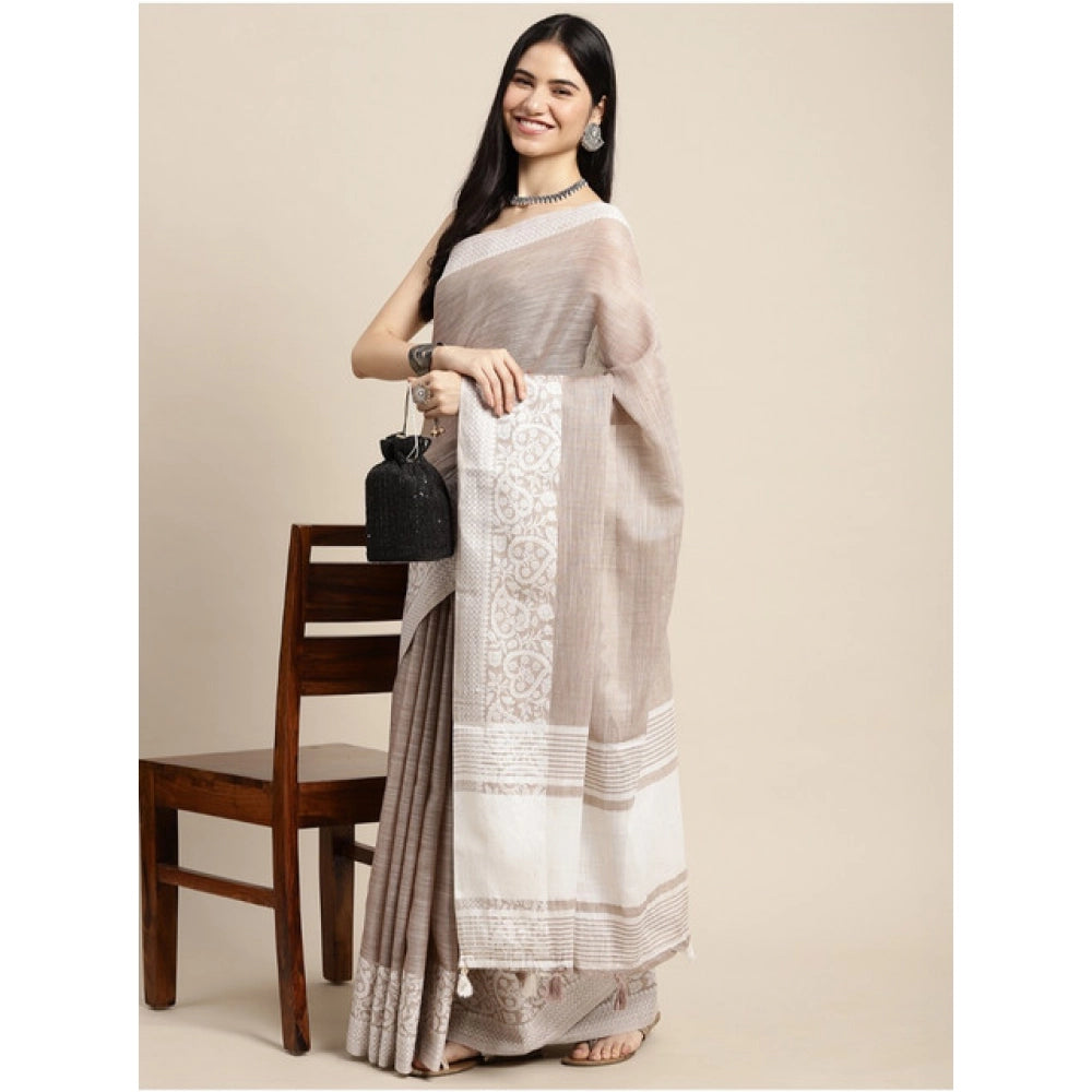 Women's Linen Printed Saree With Unstitched Blouse 5.5Mtr (Beige)