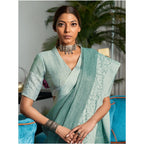 Women's Linen Printed Saree With Unstitched Blouse 5.5Mtr (Sea Green)