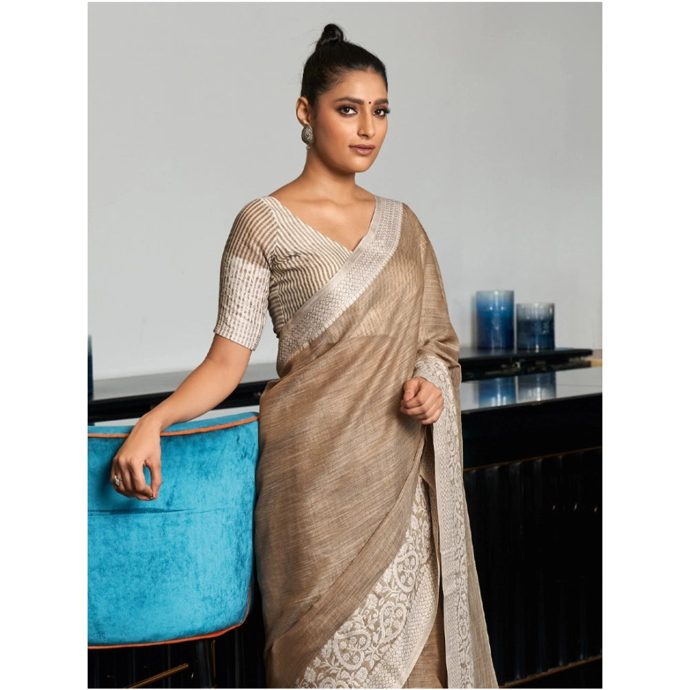 Women's Linen Printed Saree With Unstitched Blouse 5.5Mtr (Beige)