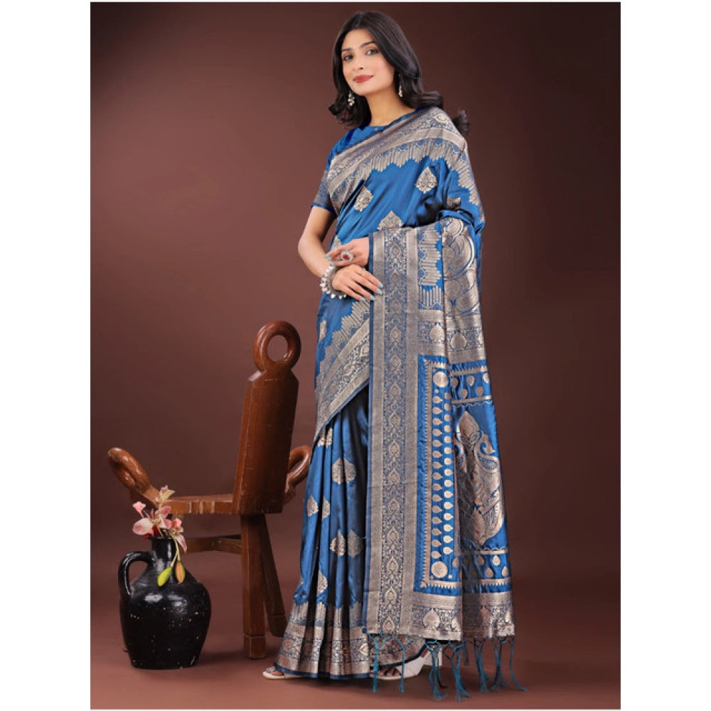 Women's Silk Printed Saree With Unstitched Blouse 5.5Mtr (Sky Blue)