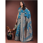 Women's Silk Printed Saree With Unstitched Blouse 5.5Mtr (Teal)