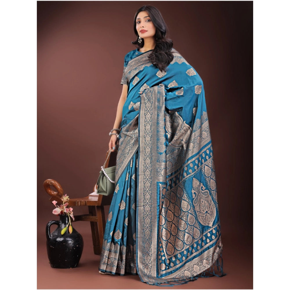 Women's Silk Printed Saree With Unstitched Blouse 5.5Mtr (Teal)