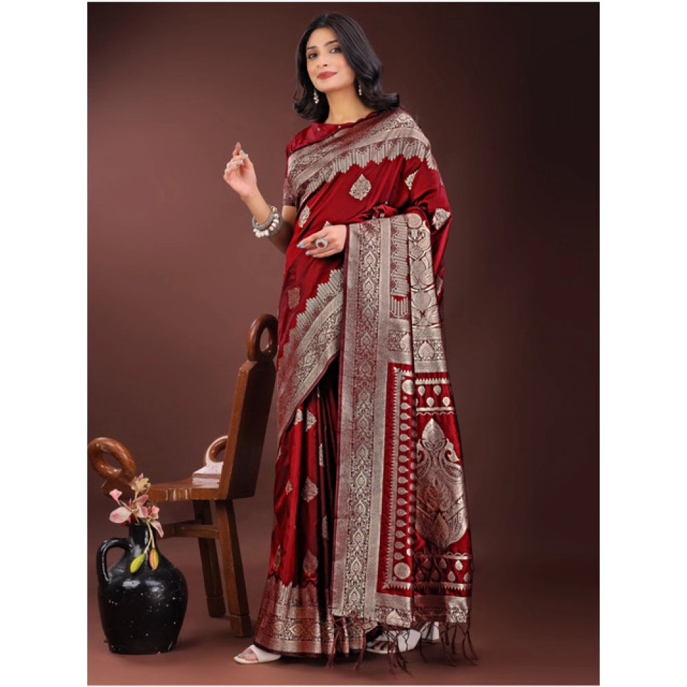 Women's Silk Printed Saree With Unstitched Blouse 5.5Mtr (Maroon)