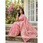 Women's Linen Cotton Printed Saree With Unstitched Blouse 5.5Mtr (Pink)
