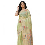 Women's Linen Cotton Printed Saree With Unstitched Blouse 5.5Mtr (Light Green)