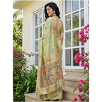 Women's Linen Cotton Printed Saree With Unstitched Blouse 5.5Mtr (Light Green)