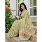Women's Linen Cotton Printed Saree With Unstitched Blouse 5.5Mtr (Light Green)