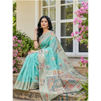 Women's Linen Cotton Printed Saree With Unstitched Blouse 5.5Mtr (Sky Blue)
