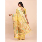 Women's Linen Cotton Printed Saree With Unstitched Blouse 5.5Mtr (Yellow)