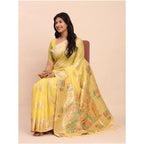 Women's Linen Cotton Printed Saree With Unstitched Blouse 5.5Mtr (Yellow)