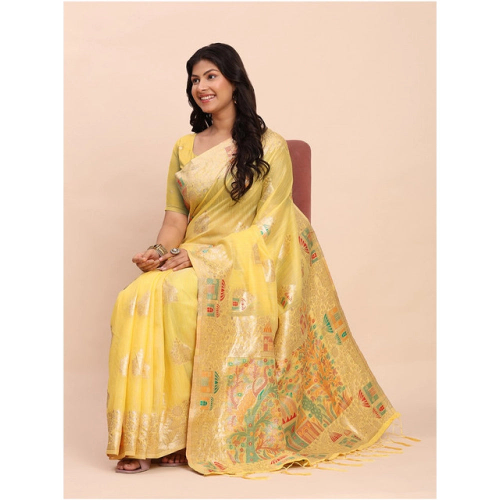 Women's Linen Cotton Printed Saree With Unstitched Blouse 5.5Mtr (Yellow)