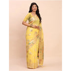 Women's Linen Cotton Printed Saree With Unstitched Blouse 5.5Mtr (Yellow)
