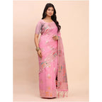 Women's Linen Cotton Printed Saree With Unstitched Blouse 5.5Mtr (Pink)