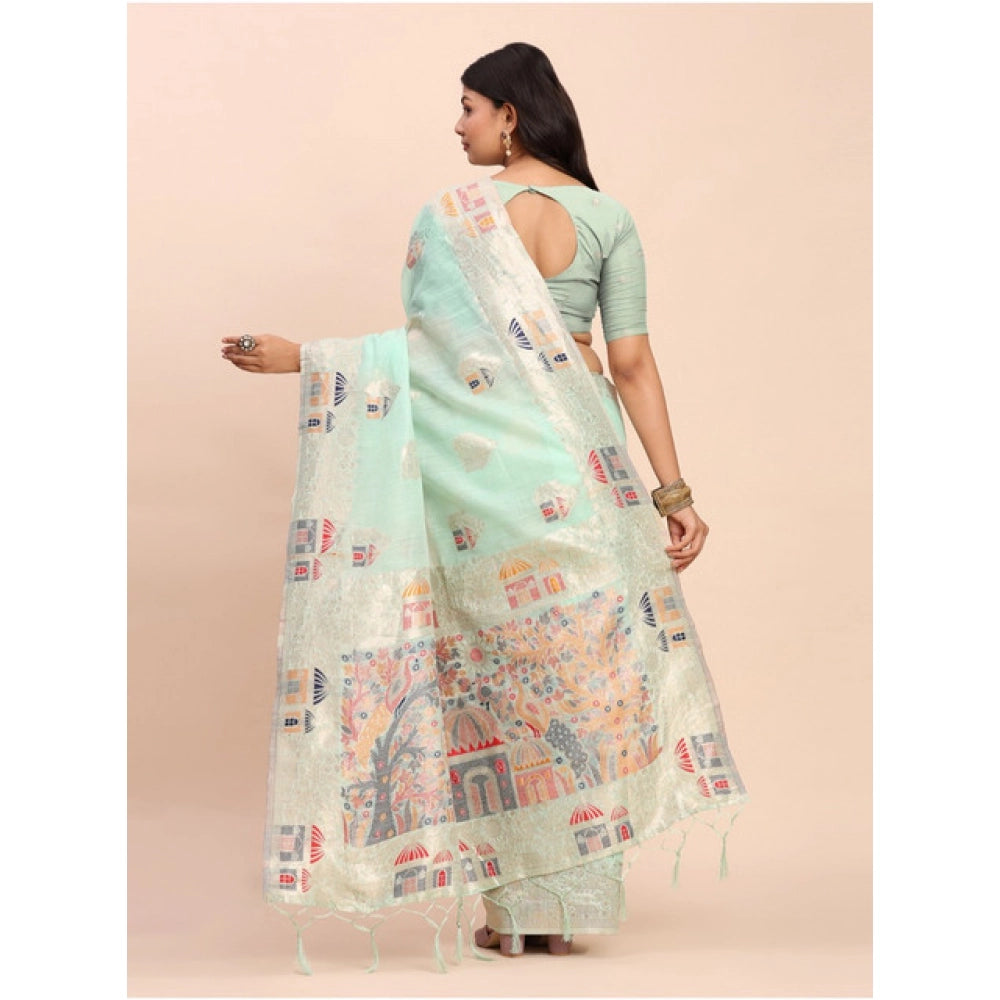 Women's Linen Cotton Printed Saree With Unstitched Blouse 5.5Mtr (Sea Green)