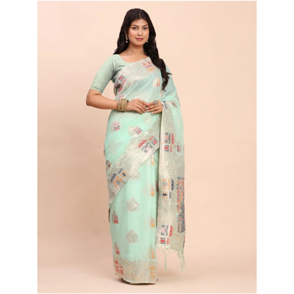 Women's Linen Cotton Printed Saree With Unstitched Blouse 5.5Mtr (Sea Green)