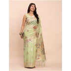 Women's Linen Cotton Printed Saree With Unstitched Blouse 5.5Mtr (Light Green)