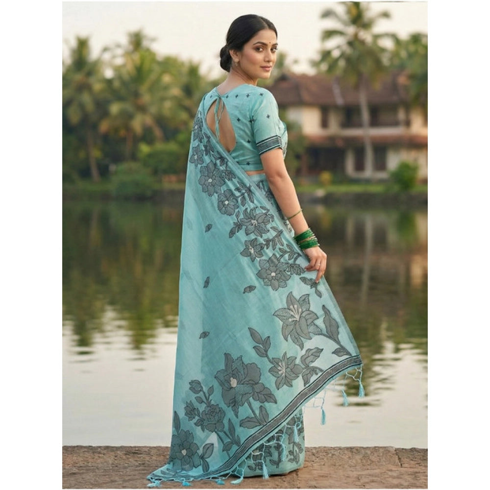 Women's Linen Cotton Printed Saree With Unstitched Blouse 5.5Mtr (Sea Green)