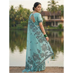 Women's Linen Cotton Printed Saree With Unstitched Blouse 5.5Mtr (Sea Green)