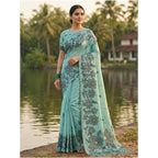 Women's Linen Cotton Printed Saree With Unstitched Blouse 5.5Mtr (Sea Green)