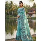 Women's Linen Cotton Printed Saree With Unstitched Blouse 5.5Mtr (Sea Green)