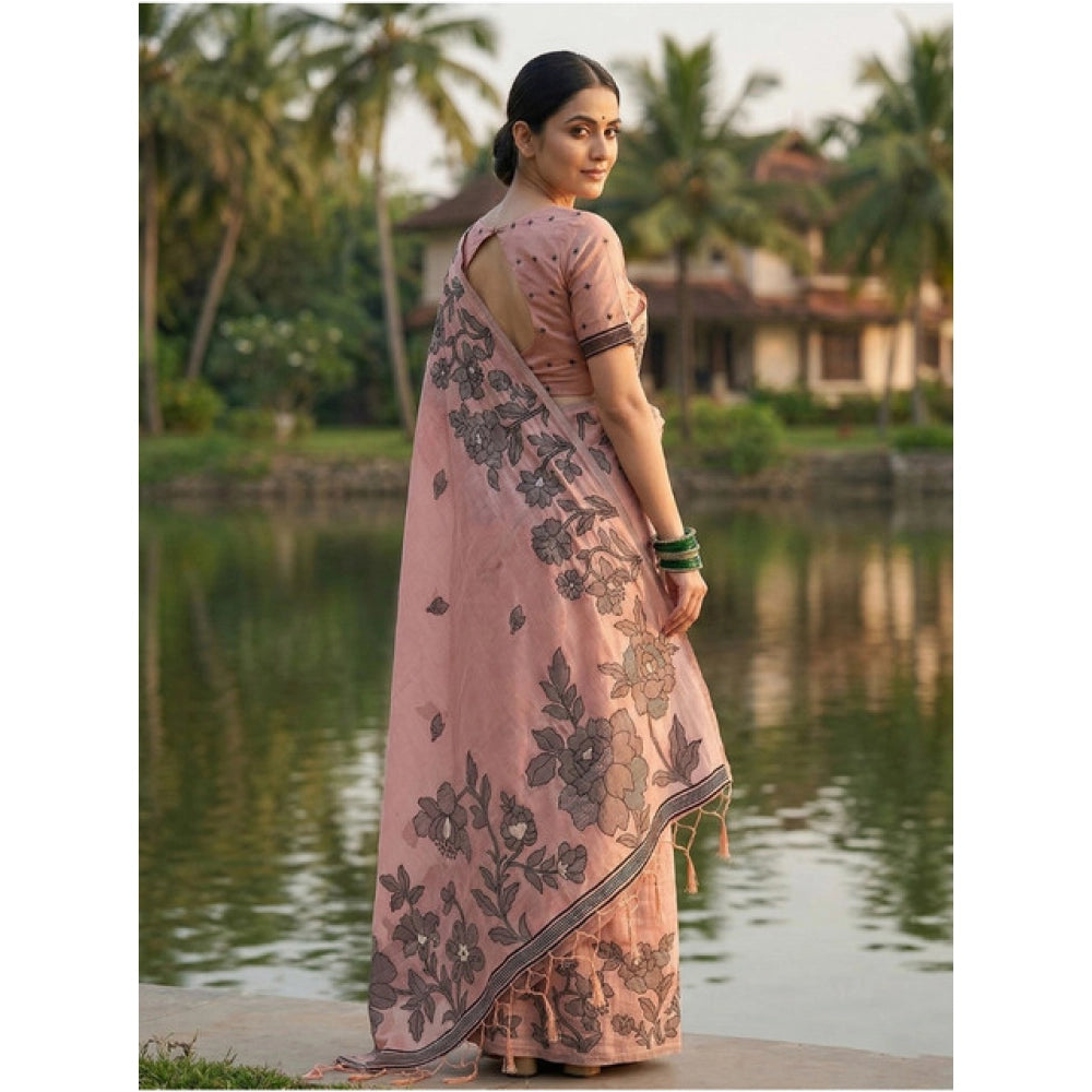 Women's Linen Cotton Printed Saree With Unstitched Blouse 5.5Mtr (Peach)