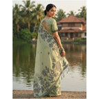 Women's Linen Cotton Printed Saree With Unstitched Blouse 5.5Mtr (Light Green)