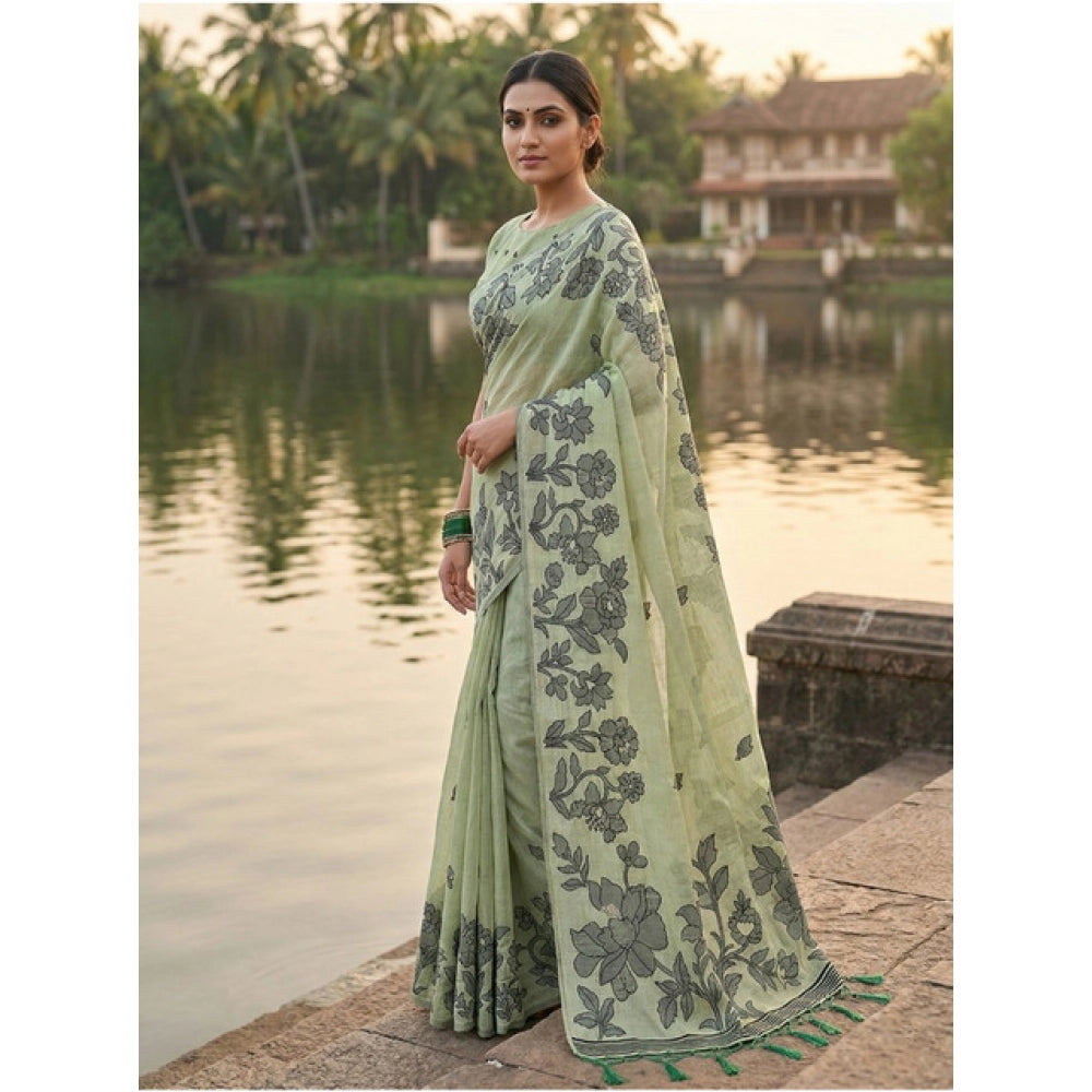 Women's Linen Cotton Printed Saree With Unstitched Blouse 5.5Mtr (Light Green)